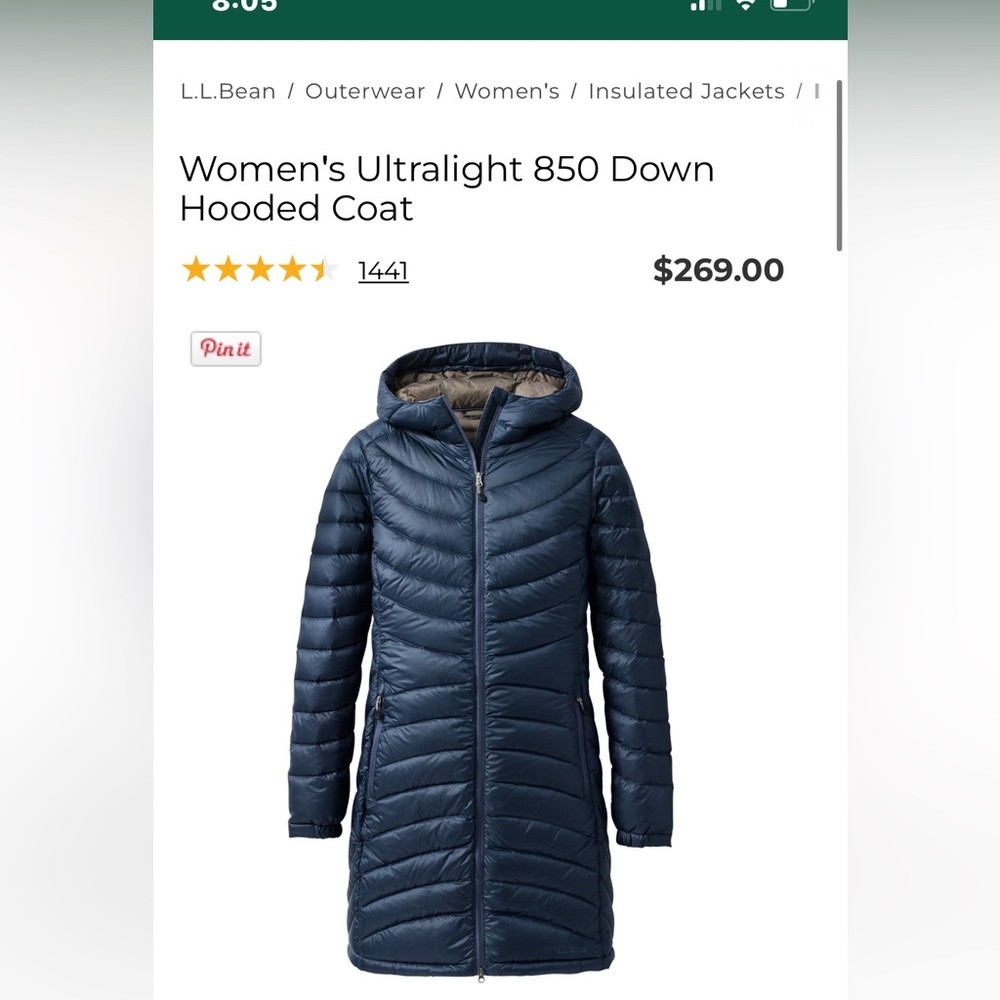 LL Bean womens down navy winter coat